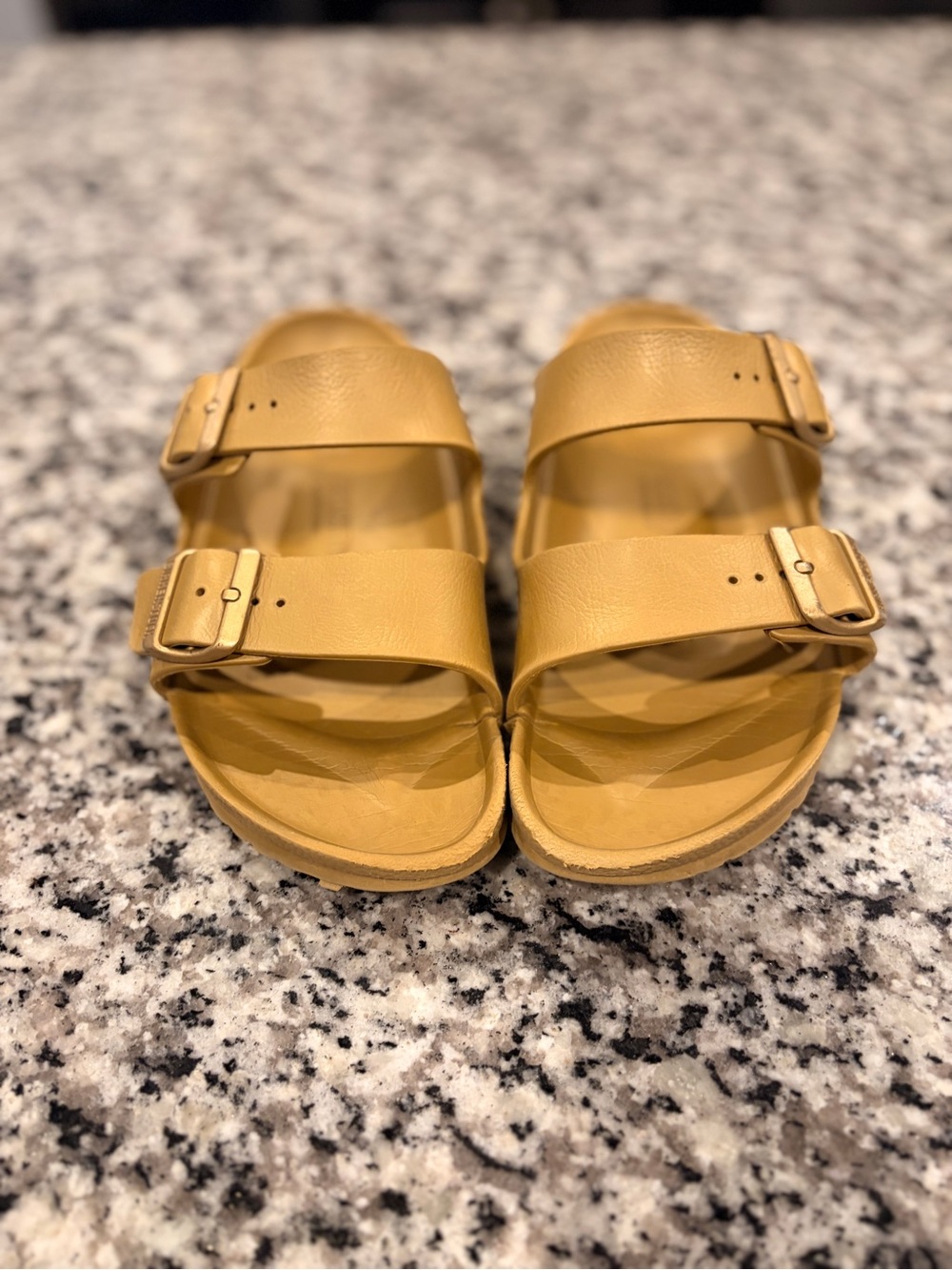 Birkenstock Two-Strap Slide Sandals in Mustard